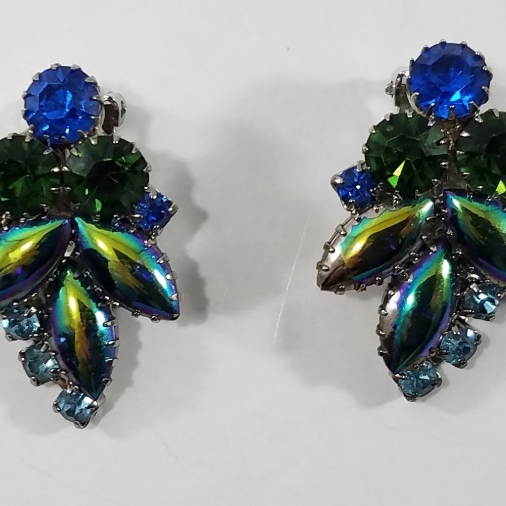 Vintage Leaf Earring Clip Back Set Metallic Iridescent Marquise Shape